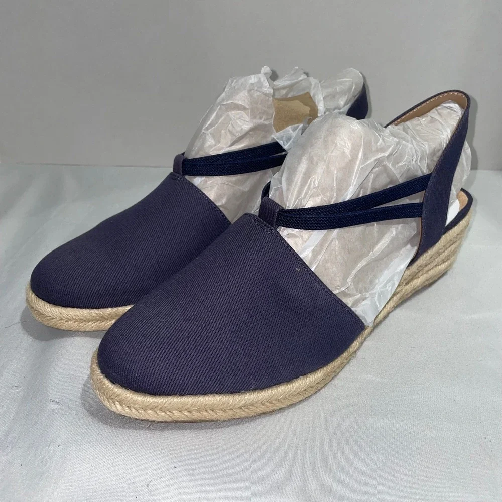 LifeStride Katrina 2 Navy Blue Espadrille Wedge Sandals Womens 10W Wide